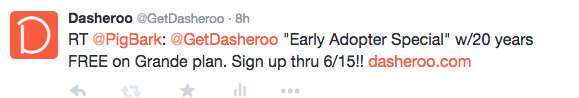 ReTweet from a Dasheroo follower about their time sensitive offer.
