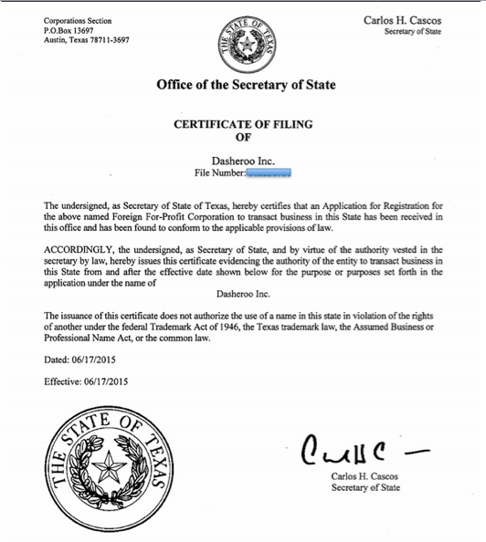 Signed, sealed & delivered - we're now legit to do business in Texas