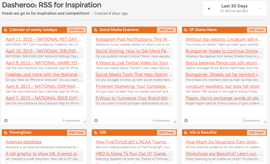 A graphic of us tracking all of these amazing sites for inspiration on what to post, crazy holidays and ... hey, how did the SF Giants news get in there?