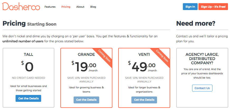 Dasheroo's business dashboard pricing plan.
